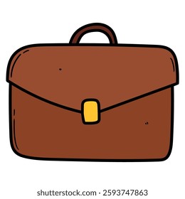 Hand drawn cartoon leather brown business briefcase isolated on white background. Vector illustration.