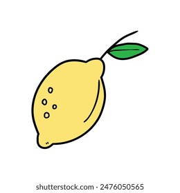 Handgezeichnete Cartoon Zitrone mit Blatt isoliert auf weißem Hintergrund. Vektorillustration.
