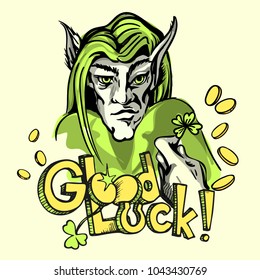 Hand drawn Cartoon leprechaun. Vector Leprechauns head and hand with a clover leaf, coins and inscription Good luck.