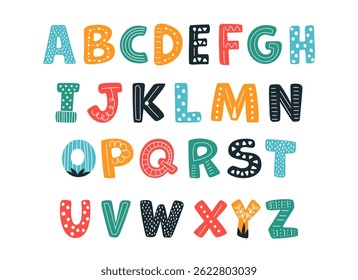 Hand drawn cartoon letters. Ethnic style alphabet for children, scandinavian design. Decorative capital letter, symbols for typography, classy vector set