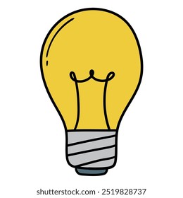 Bombilla de luz de dibujos animados dibujados a mano aislados sobre fondo blanco. Ilustración vectorial.