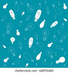 Hand drawn cartoon lightbulb pattern over blue. Vector illustration