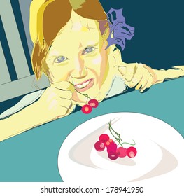Hand drawn in cartoon like style illustration of a cute  smiling girl eating cherry