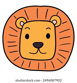 Hand drawn cartoon lion face isolated on white background. Vector illustration.