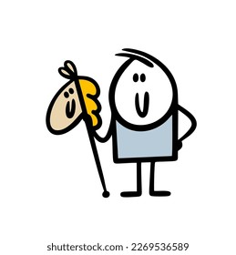 Hand drawn cartoon little boy holds a toy horse and plays a game. Vector illustration of a satisfied stickman.
