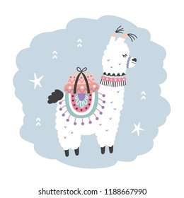 Hand Drawn Cartoon Llama Character, isolated on white. Cute Alpaca. Nursery Childish T shirt Print. Vector illustration