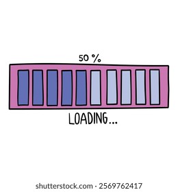 Hand drawn cartoon loading bar 50% isolated on white background. Vector illustration.