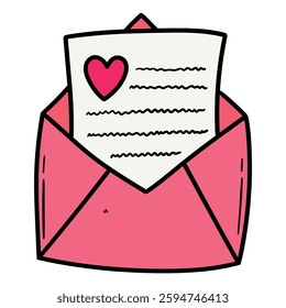 Hand drawn cartoon love letter in open pink envelope isolated on white background. Vector illustration.