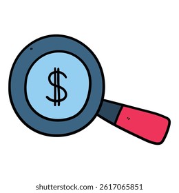 Hand drawn cartoon magnifying glass with dollar sign isolated on white background. Vector illustration.