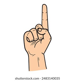 Hand drawn cartoon male hand, finger pointing up or showing number one isolated on a white background. Concept gestures and body language. Vector illustration.