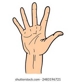 Hand drawn cartoon male hand showing five finger gesture, greeting or goodbye, number 5 isolated on white background. Body Language Concept. Vector illustration.