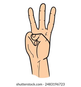 Hand drawn cartoon male hand showing three finger gesture or number 3 isolated on white background. Body language concept. Vector illustration.