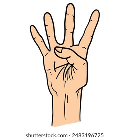 Hand drawn cartoon male hand showing four finger gesture or number 4 isolated on white background. Body language concept. Vector illustration.