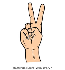 Hand drawn cartoon male hand showing gesture peace sign or number two isolated on white background. Body language concept. Vector illustration.