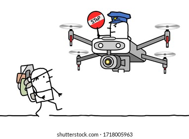 hand drawn Cartoon man with backpack stopped by a cop riding a drone
