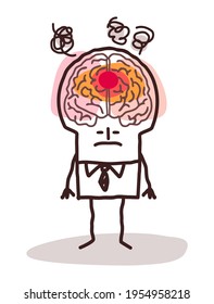 Hand drawn Cartoon Man with big Brain and Fever