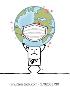 Hand drawn Cartoon man carrying the sick Earth with a medical mask