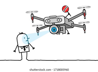 hand drawn Cartoon man facing a control Drone with a big eye