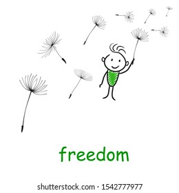 Hand drawn cartoon man flying with dandelions, freedom concept – stock vector