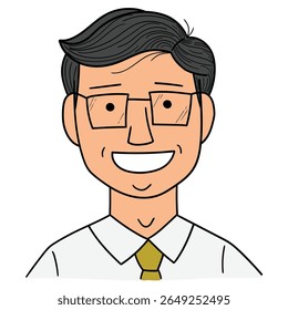Homem desenhado à mão desenhado desenho animado em desgaste formal e óculos avatar isolado no fundo branco. Ilustração vetorial.