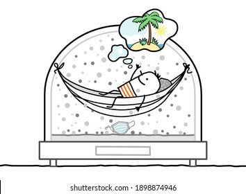 Hand drawn Cartoon Man in a Hammock, Contained in a Snow-Dome, dreaming of an exotic island
