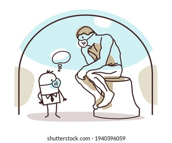 Hand drawn Cartoon man with protection Mask, meeting the Rodin's Thinker