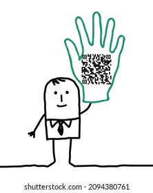 Hand drawn Cartoon Man showing OR code in his raised Hand