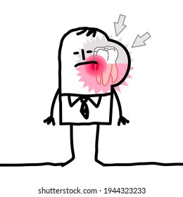Hand drawn Cartoon Man suffering because of a big Toothache