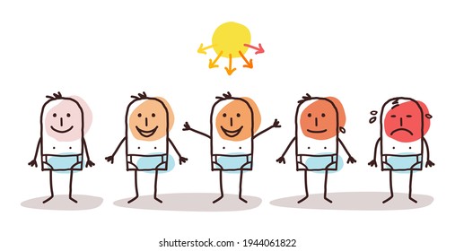 Hand drawn Cartoon Man Sunbathing and dangerous Sun rays