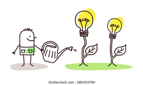 Hand drawn Cartoon Man Watering Growing Lightening Bulbs