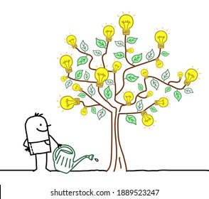 Hand drawn Cartoon Man Watering a big Tree with Light Bulbs