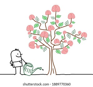 Hand drawn Cartoon Man Watering a big Tree with Brains