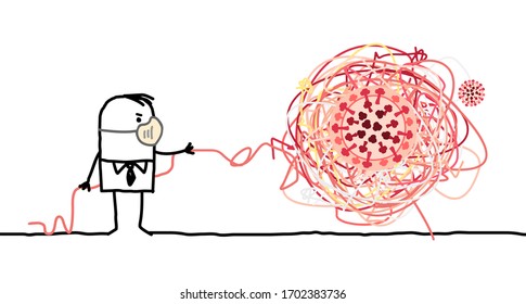 Hand drawn Cartoon man wearing mask untangling a big knot with virus inside