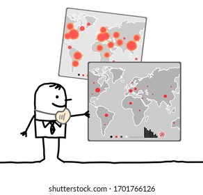hand drawn Cartoon man without mask watching a world map with small viral epidemic points