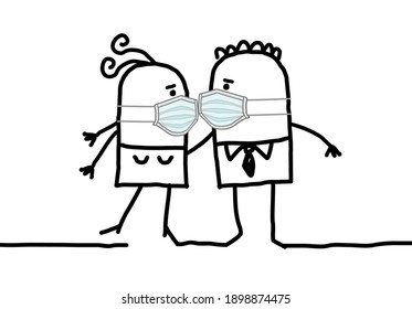 Hand drawn Cartoon Man and Woman, with protection Masks, trying to Kiss each-other