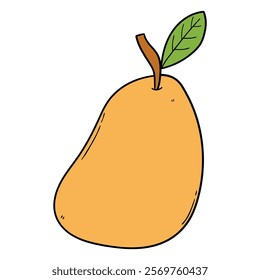 Hand drawn cartoon mango with leaf isolated on white background. Vector illustration.