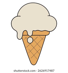 Hand drawn cartoon melting ice cream in a waffle cone isolated on a white background. Vector illustration.
