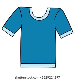 Hand drawn cartoon men's blue t-shirt isolated on white background. Vector illustration.