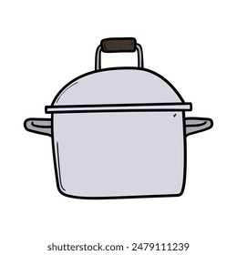 Hand drawn cartoon metal saucepan isolated on white background. Vector illustration.