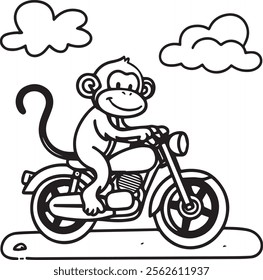 hand drawn cartoon monkey riding a motorbike vector illustration. Black and white outline coloring book or page for children