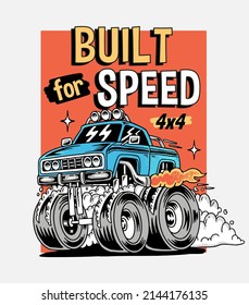 Hand drawn cartoon monster truck. Vector illustrations for apparel prints and other uses.