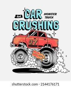 Hand drawn cartoon monster truck. Vector illustrations for apparel prints and other uses.