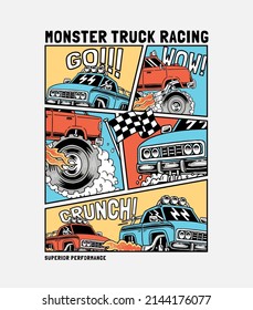 Hand drawn cartoon monster trucks. Vector illustrations for apparel prints and other uses.