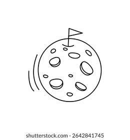 Hand Drawn Cartoon Moon with Flag. Vector Illustration. Isolated on White Background.