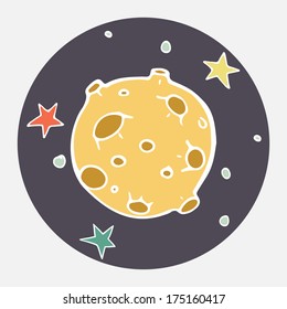 Hand drawn cartoon moon and stars. Childish doodle space illustration. Flat icon design.