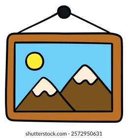 Hand drawn cartoon mountain picture on the wall icon isolated on white background. Vector illustration.
