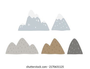 Hand drawn cartoon mountains set. Cute landscape forest elements isolated on white background. Mountain peak, top or summit covered with snow in flat style. Childish vector illustration