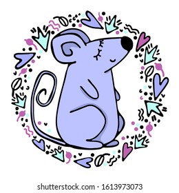 Hand drawn cartoon mouse vector colour illustration. Cute and funny mouse in the frame of plants, hearts and design elements. Cartoon style drawing. Template for notebook, cards, T-shirt, posters.