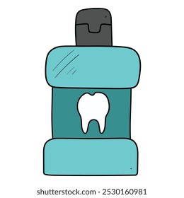 Dibujado a mano botella de enjuague bucal de dibujos animados aislado sobre fondo blanco. Ilustración vectorial.