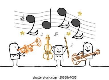 Hand drawn Cartoon Musicians Playing Music and 2022 Notes